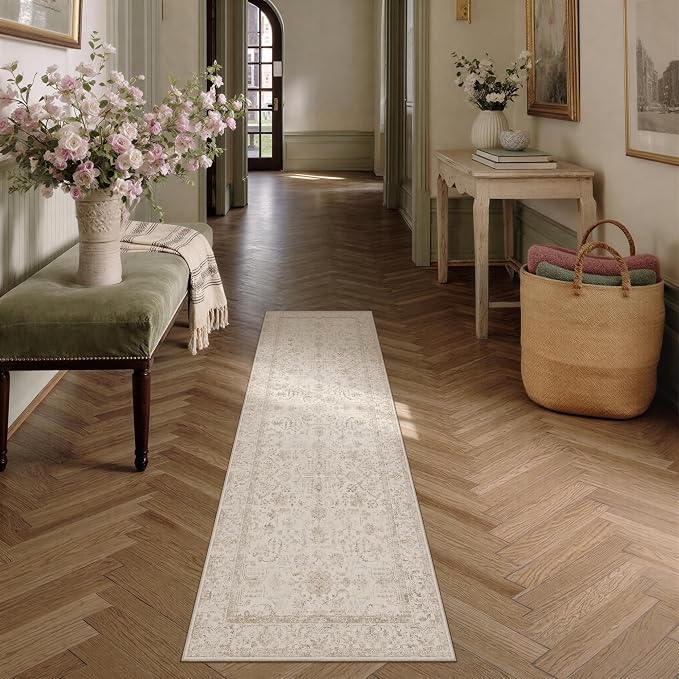 2x6 Beige Neutral Kitchen Runner Rug | Washable, Low Pile, Accent, Vintage, Soft, Non Slip, Carpet for Bathroom Hallway Bedroom Nursery Indoor Home Decor