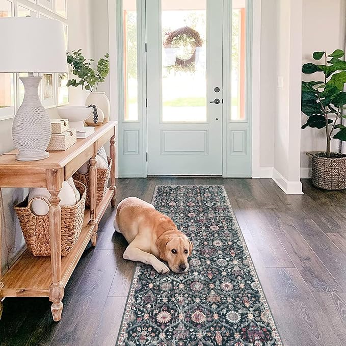 Lahome Moroccan Hallway Rug, 2'5''x8' Washable Kitchen Runner Rugs Non Skid | Non Skid Runners for Hallways Ultra-Thin Oriental Carpet for Laundry Room Bedroom Bathroom Elise, Black Multi