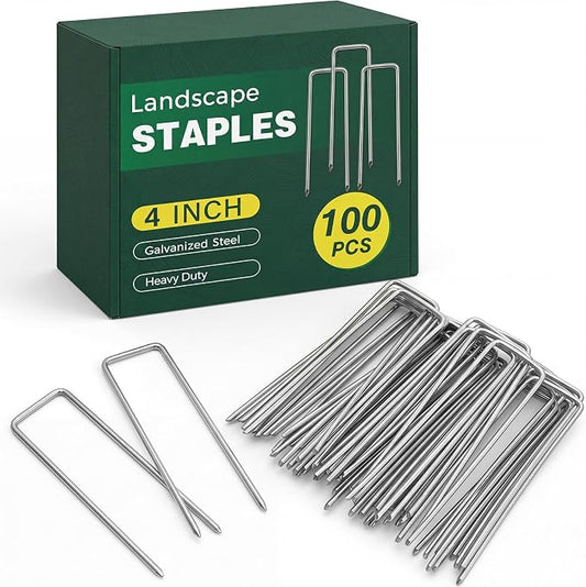 CEWOR 100 Pack Landscape Staples 4 Inches, Galvanized Garden Stakes Landscape Staples Fabric Pins Lawn Stakes for Barrier Fabric, U-Type Heavy Duty
