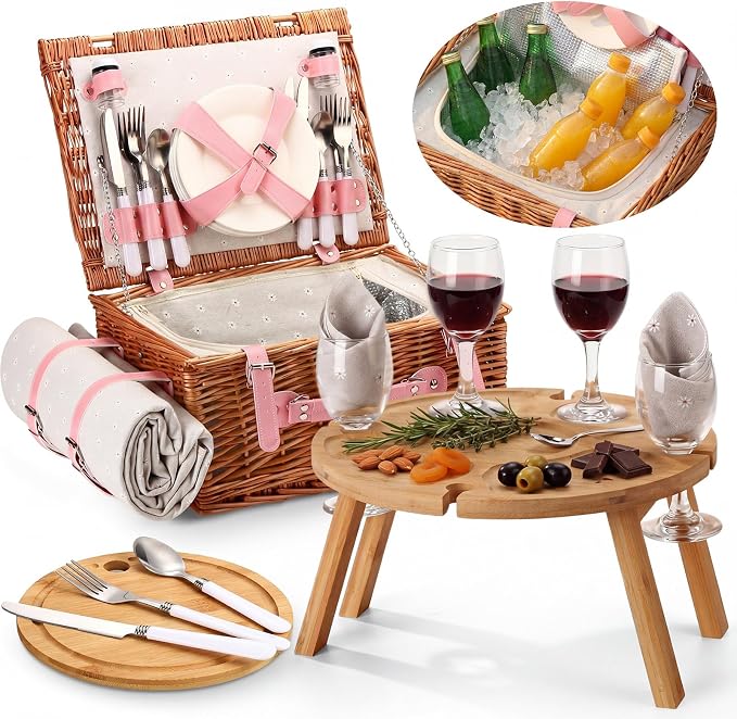 Briwooody Wicker Picnic Basket Set for 4 with Foldable Bamboo Camping Table, Round Bamboo Cutting Board Outdoor Dining Set with Utensils Plates and Blanket for Camping Beach Backyard Party