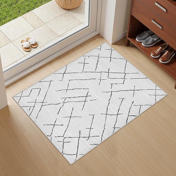 kakania Washable 2x3 Area Rug for Entryway: Boho Geometry Home Decor Rug | Soft Stain Resistant, Low-Pile, Non-Slip, Pet & Kid Friendly, Thin Carpet for Hallway/Kitchen/Bathroom - Light Grey