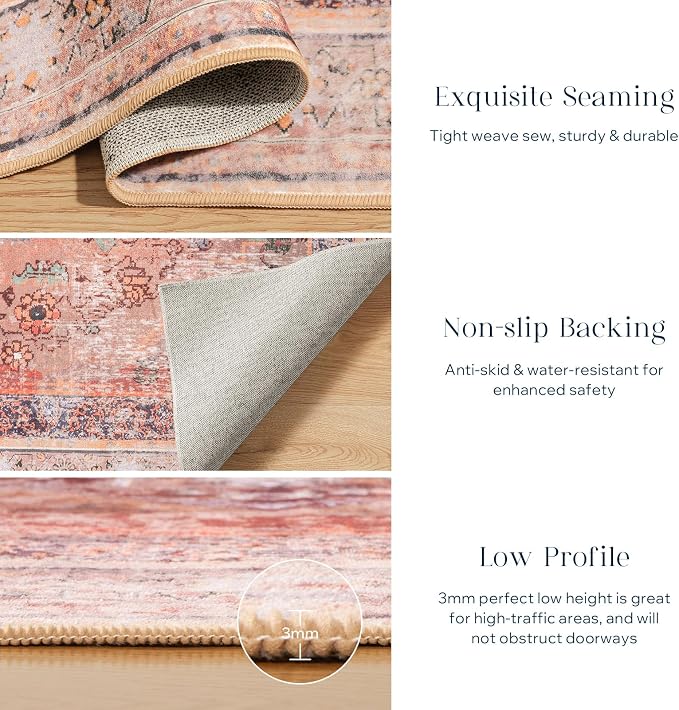 Phantoscope Washable Area Rug 6'x9' Non-Slip, Vintage Neutral Fall Rugs for Living Room, Bedroom, Dining Room, Distressed Boho Medallion Pattern, Low-Pile Foldable Floor Carpet, Rust Orange