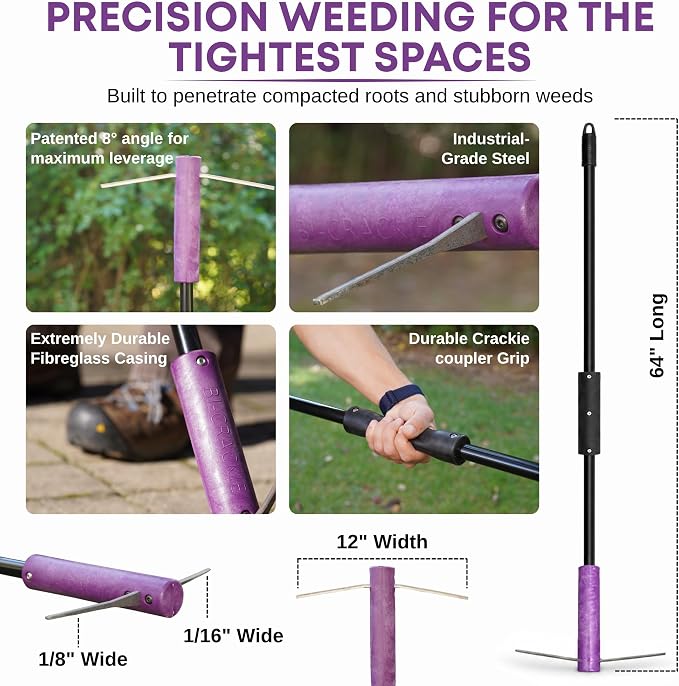 BICRACKIE Stand-Up Paver Crack Weeding Tool with 60" Steel Pole; Steel Blade with 2-Sized, 5" Tapered Ends for Patios, Driveways (Saw-Cut), Sidewalks, Pavers to Remove Weeds Easily; Made in USA