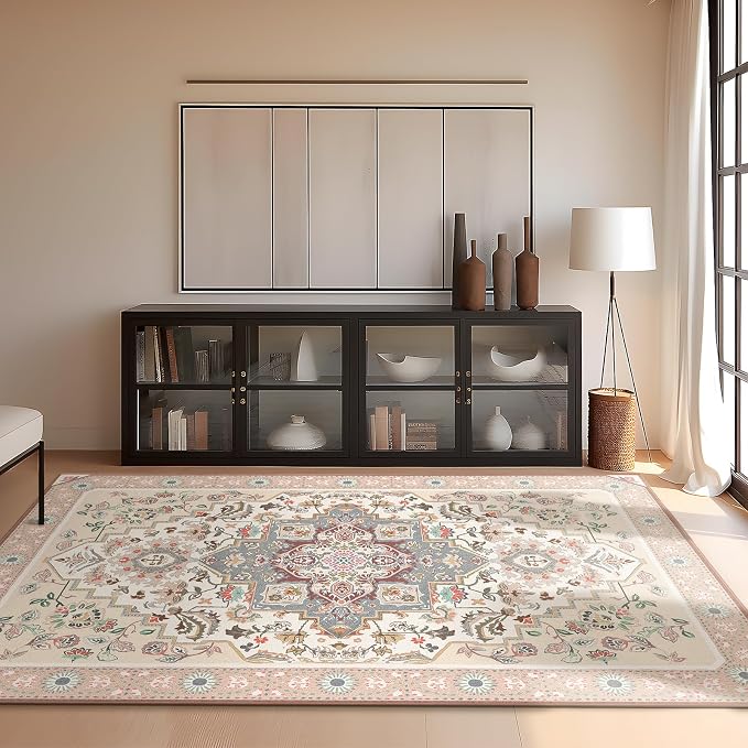 Phantoscope Washable Area Rug 5'x7' Non-Slip, Vintage Boho Rugs for Living Room, Bedroom, Dining Room, Persian Floral Medallion Pattern, Low-Pile Foldable Floor Carpet, Ivory Rose/Fall Bloom