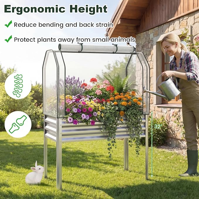Giantex Raised Garden Bed with Legs & Greenhouse Cover, 44x22x60 Elevated Metal Planter Box with Roll-up Door, Outdoor Mini Greenhouse for Vegetable Flower Herb Patio Balcony (Silver,1)