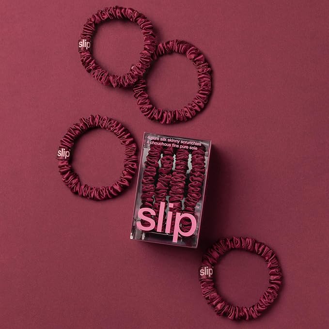 Slip Silk Hair Ties — Skinny Silk Maroon Scrunchies, No Damage, No Crease, Anti-Breakage |100% Mulberry Silk | All Hair Types | Made with Proprietary Slipsilk™ | Set of 4