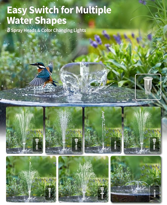 POPOSOAP 12W Solar Fountain Pump with 4200mAh Battery Backup, LED Colorful Lights & Remote Control, Solar Pond Pump for Bird Bath, Fish Tank, Outdoor Garden Water Features P112DL