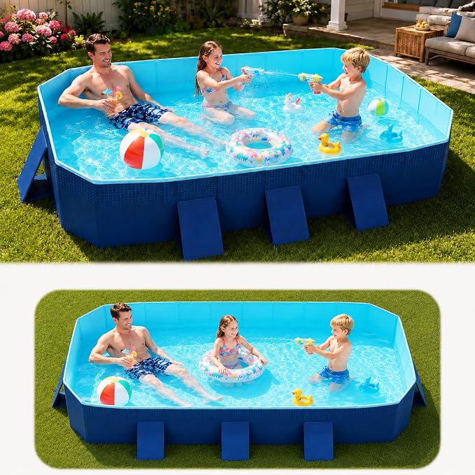 Japard 104" Foldable Non-Inflatable Swimming Pool, XL Indigo Blue | Kiddie Family Swimming Baby Toddler 20 Inch Deep with Reinforced Sidewalls for Backyard Rectangle