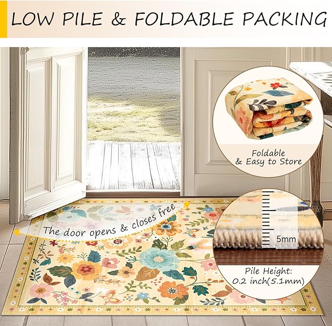 RELEANY Floral Washable 3x5 Area Rugs Yellow/Orange | Flower Carpet, Print, Boho, Non-Slip, Easy to Clean, Soft, Low Pile for Living Room Bedroom Kitchen Office Entryway Hallway