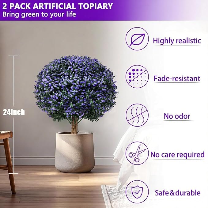 THKFUL Artificial Boxwood Topiary Ball Tree Outdoor Set of 2,Faux Bushes Plants with Spike,Artificial Boxwood Ball Fake Shrubs with Stake UV Resistant for Front Door Outdoor Planter Garden D17