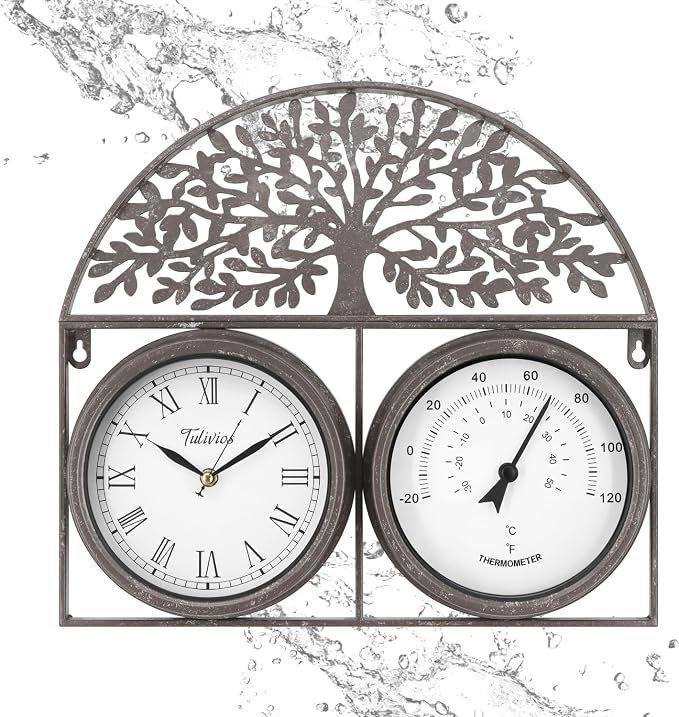 17Inch Large Outdoor Clock,Waterproof Wall Clock with Thermometer,Weatherproof Non-Ticking Quartz Battery Operated Decor Clock for Patio,Garden,Pool,Porch,House Warming Gifts