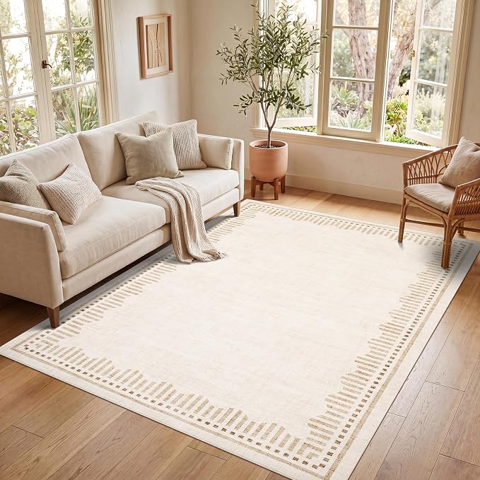 Garvee 4x6 Scalloped Area Rugs Living Room Bedroom Washable Neutral Rug | Modern Gometric Beige Solid Color Nursery Rugs Low Pile Stain Resistant Non Slip Kitchen Entry Home Office Throw Carpet