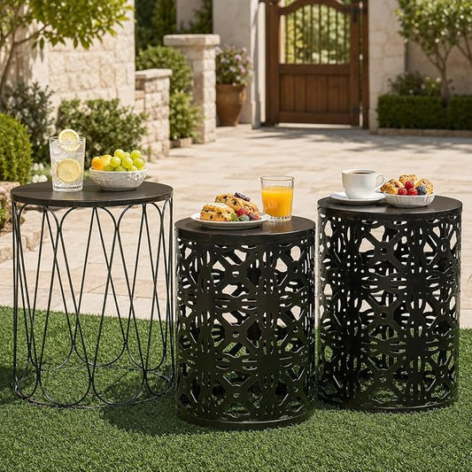 Y&M Outdoor Side Tables Set of 3, Round Metal Stacking Patio Side Tables, Indoor & Outdoor End Tables, Decorative Garden Stool Plant Stand for Patio, Garden, Balcony, Porch, Black with Bronze