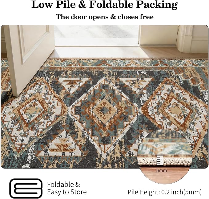 Washable 8x10 Area Rug for Living Room, Rustic Farmhouse Low-Pile Non-Slip Carpet, Stain Resistant Vintage Southwestern Rug for Dining Room Bedroom, Blue Rust Ivory