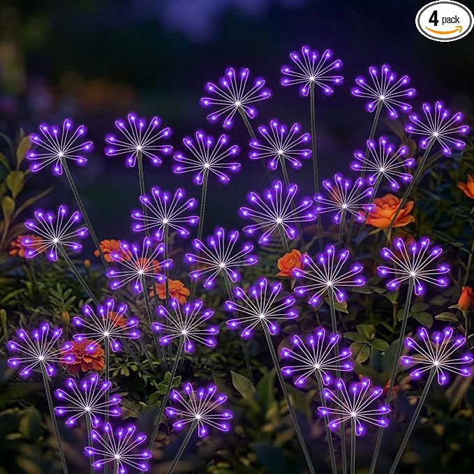 Solar Garden Lights Outdoor, Upgraded Solar Swaying Starburst Light Waterproof with 2 Modes, Solar Fairy Firework Lights for Yard Patio Pathway Flowerbed Balcony Garden Decoration (Purple, 4 Pack)