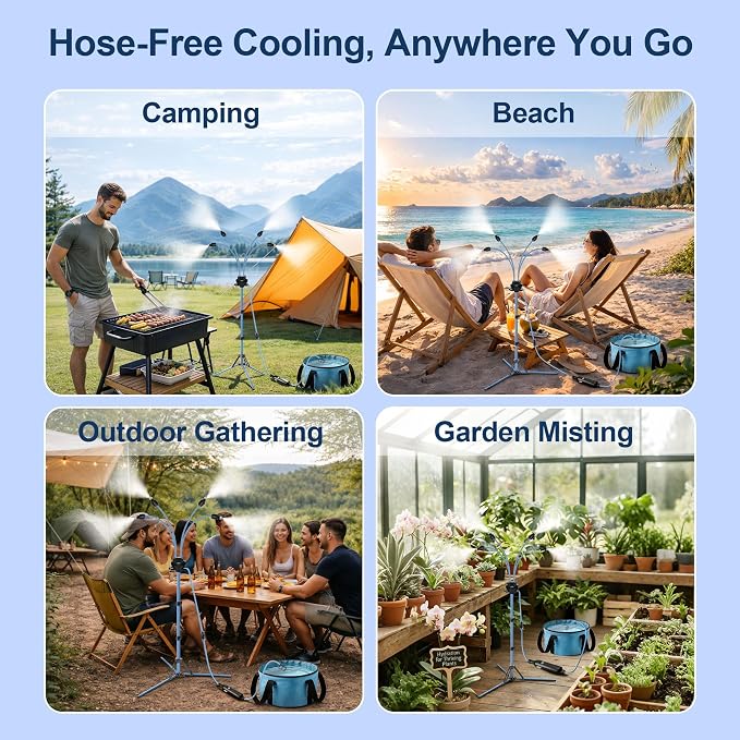 Misters for Outside Patio, Portable Standing Misting System with 30L Water Bag and Rechargeable Pump, Up to 6 Hours Runtime, Outdoor Cooling Mister for Backyard, Beach, Camping, Porch