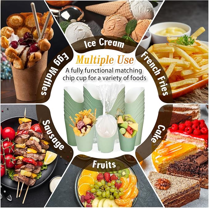 Whaline 60Pcs Sage Green Charcuterie Cups with Bamboo Sticks Plastic Treat Goodie Bags Gold Twist Ties 14oz French Fries Cup Holder for Home Kitchen Wedding Baby Shower Birthday Party