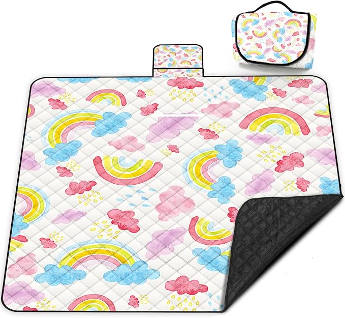 Extra Large Picnic Blanket Waterproof,80"x 80"Foldable Machine Washable Beach Blanket,Outdoor Blanket for 6-8 Adults,Picnic Mat Suitable for Indoor Crawling,Park Beach,Camping,Hiking,Travel (Rainbow)