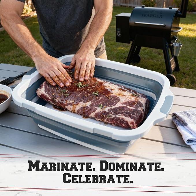 KITCHEN PERFECTION Collapsible XL Smoker & BBQ Prep Tub with Locking Lid | Includes Cutting Board, Meat Marinade & Brine Container For Turkey, Brisket & Ribs - Best Grill Accessories Gifts For Men