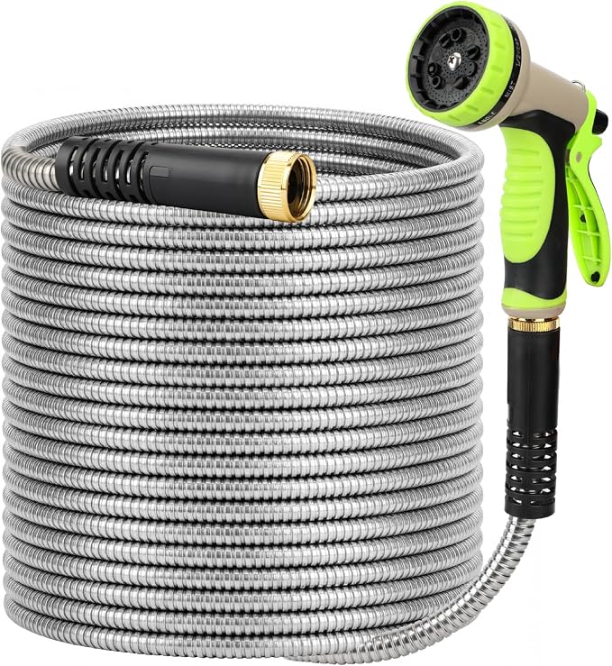 UNCO- Stainless Steel Metal Hose with 10 Functions Spray Nozzle, 75 ft, No Kink, Metal Garden Hose