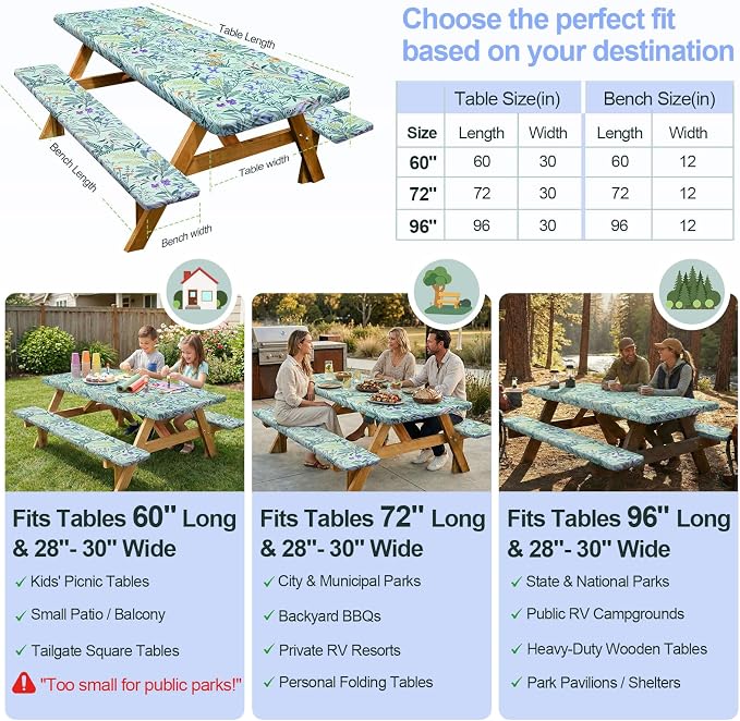 Picnic Table Cover with Bench Covers Camping Essentials Waterproof Windproof Camping Tablecloth with Drawstring Bag, Fitted Rectangle Tables and Seats, 96in, Gray Blue