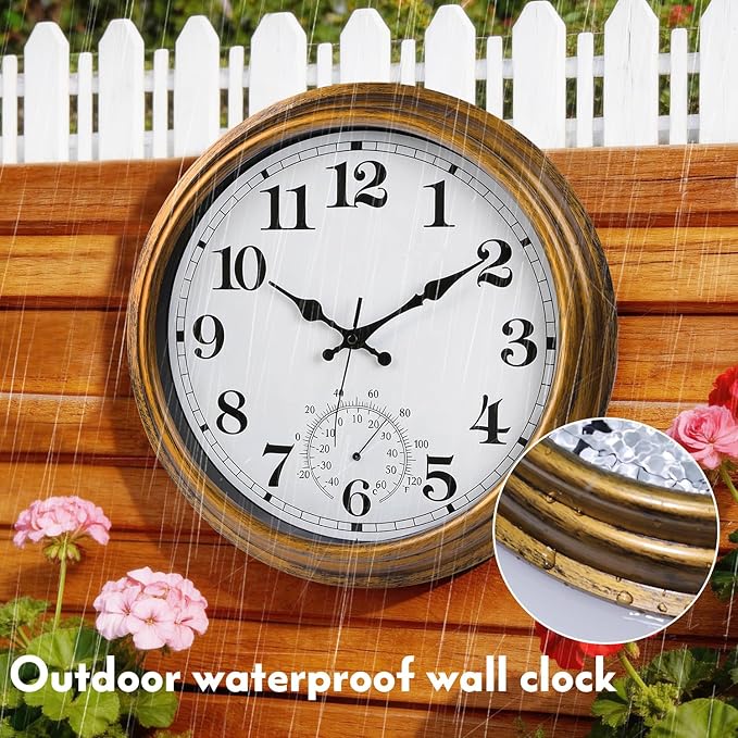 16 Inch Large Outdoor Clock Retro Waterproof Clock Non-Ticking Indoor/Outdoor Wall Clock with Thermometer, Battery Operated for Pool, Patio, Garden, Bronze