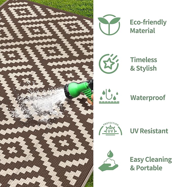 GENIMO 5'x8' Outdoor Rug Waterproof, Reversible Mats, Outdoor Area Rug, Plastic Outside Carpet, Geometric Rv Mat for Patio Camping Rv Picnic Backyard Deck Balcony Porch Beach Trailer (Coffee&Beige)