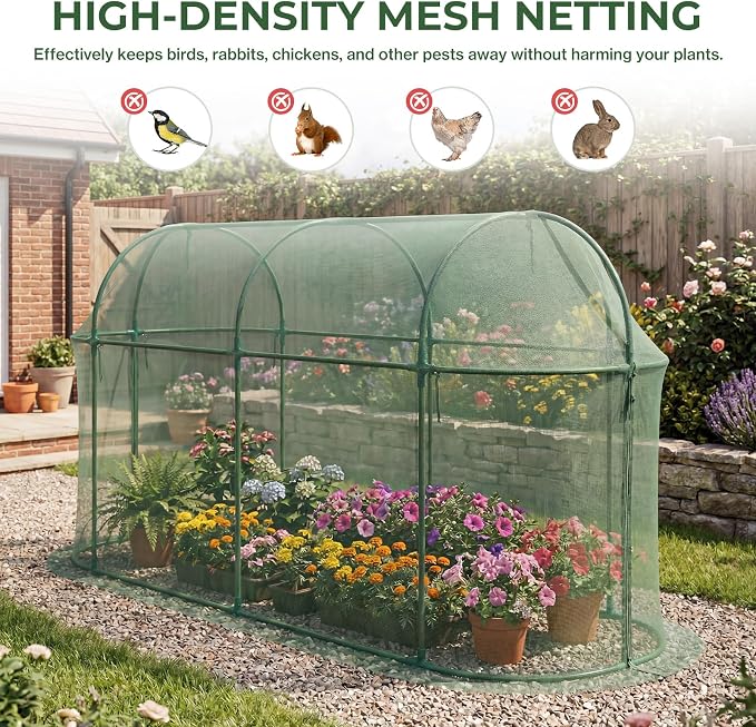 Aoodor 10 x 3 x 5 Ft Plant Protection Grow Tent Arched Roof Crop Cage with Side Netting Zippered Door for Protect Plants, Herbs, Fruits, Green