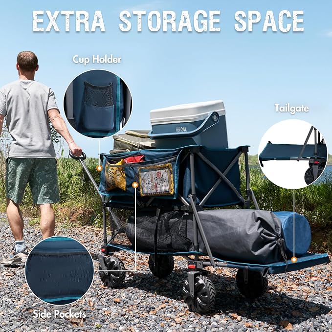 Portal Collapsible Double Decker Wagon Folding Utility Cart with Tailgate, Beach Wagons with Big Wheels, 660LB Heavy Duty Foldable Wagon 14 FT³ Large Capacity for Camping, Sports, Garden