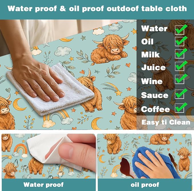 Picnic Table Cover with Bench Covers and Bag, Cute Cow Camping Essentials Waterproof Windproof, Fitted Tablecloth Cover with Elastic Edge, for Indoor & Outdoor, Camping, 3 Pieces Set, 30x96 IN