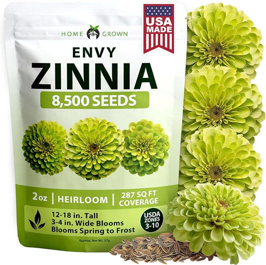 HOME GROWN Envy Zinnia Seeds (2oz) – 8,500 Rare Lime Green Annual Zinnia Flower Seeds for Planting, Fast-Growing Bulk Seed Variety, Premium Garden Companion for 2026 Bloom (Zinnia elegans)