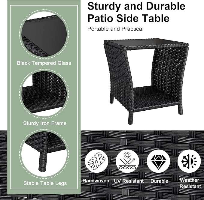 kinbor Small Outdoor Table - Set of 2 Tempered Glass Top Small Outdoor Wicker Side Table with Storage Shelf for Patio, Balcony & Porch, Durable PE Rattan & Iron Frame