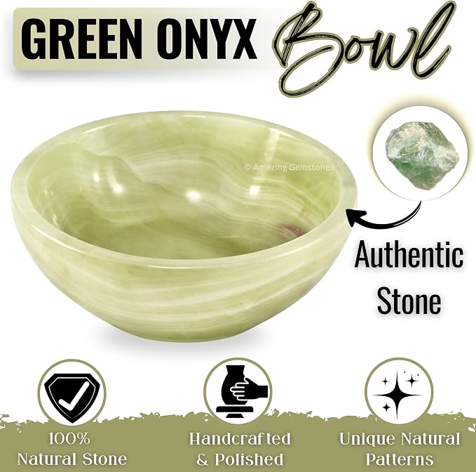 Green Onyx Crystal Bowl - 3 Inch Decorative Bowls for Room and Home Decor - Gemstone Healing Crystals for Elegant Display, Positive Energy Balance and Gift