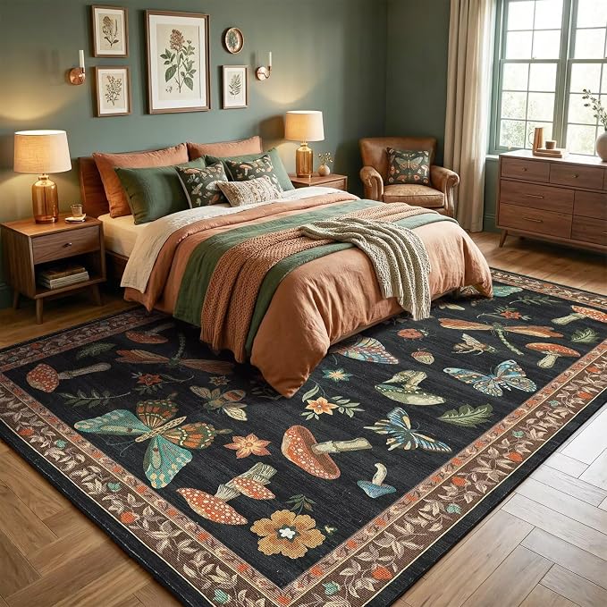 ROYHOME Mushroom 6x9 Area Rugs for Living Room Low-Pile Whimsical Cottage Core Insect Bug Butterfly Funky Dark Gothic Decor for Bedroom Nursery Dining Room Black Brown