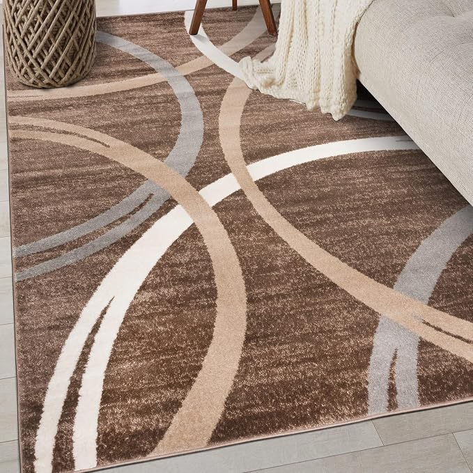 Rugshop Wavy Circles Modern Fade-Resistant Area Rug Brown 3'3" x 5' | Rectangular, Size 3'3" x 5', Living Room, Bedroom, Dining Room, Home Office, Kitchen, Entryway, Hallway, Nursery, Kids Room