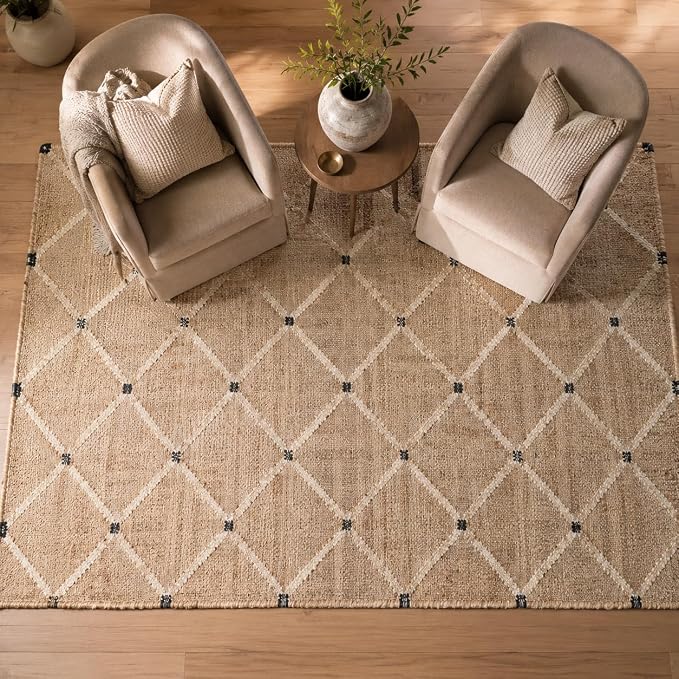 FRELISH DECOR Hand Woven Jute Area Rug 9'x12' - Geometric Design (Natural) | Indoor Natural Fiber Hallway Jute Rug - Rustic Farmhouse Carpet for Kitchen, Entryway, Hallway, Bedroom