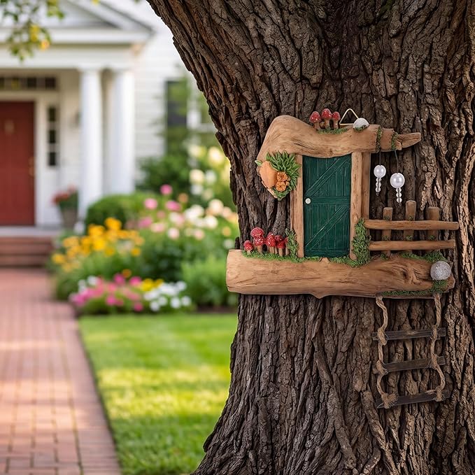 Sliner Fairy Door for Trees Outdoor Resin Fairy Garden Door Accessories with Pearl & Crystal Hanging Accents Miniature Gnome House for Garden Wall Outdoor Decorations Tree Trunk(Dark Green)