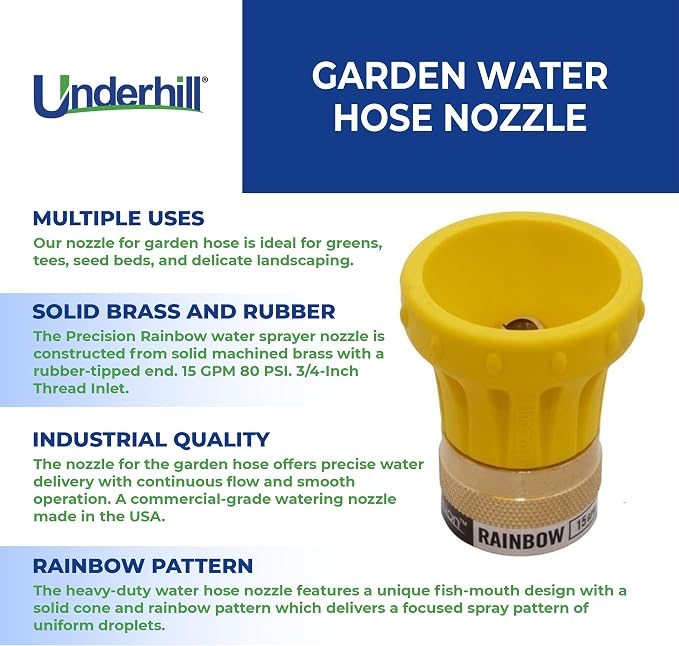 Underhill Precision Rainbow Garden Water Hose Nozzle Sprayer, 15 GPM 80 PSI, 3/4-Inch Thread Inlet, High Pressure Heavy-Duty Brass and Rubber, HN1500