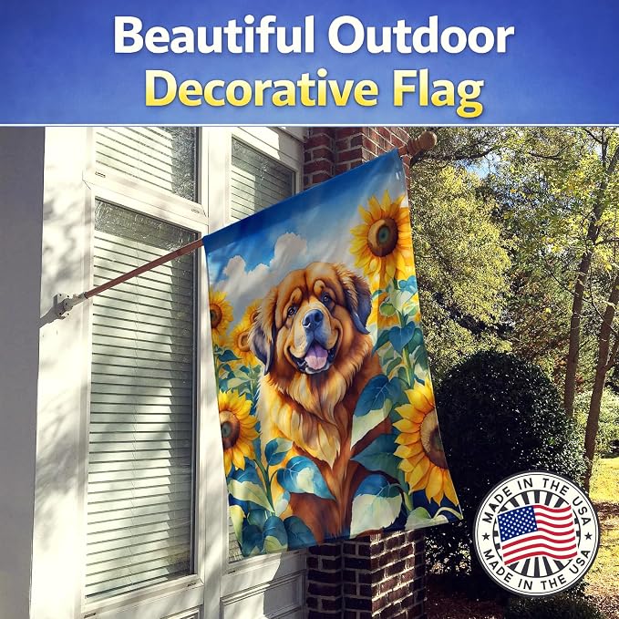 Caroline's Treasures DAC6166CHF Tibetan Mastiff in Sunflowers House Flag Large Porch Sleeve Pole Decorative Outside Yard Banner Artwork Wall Hanging, Polyester, House Size, Multicolor