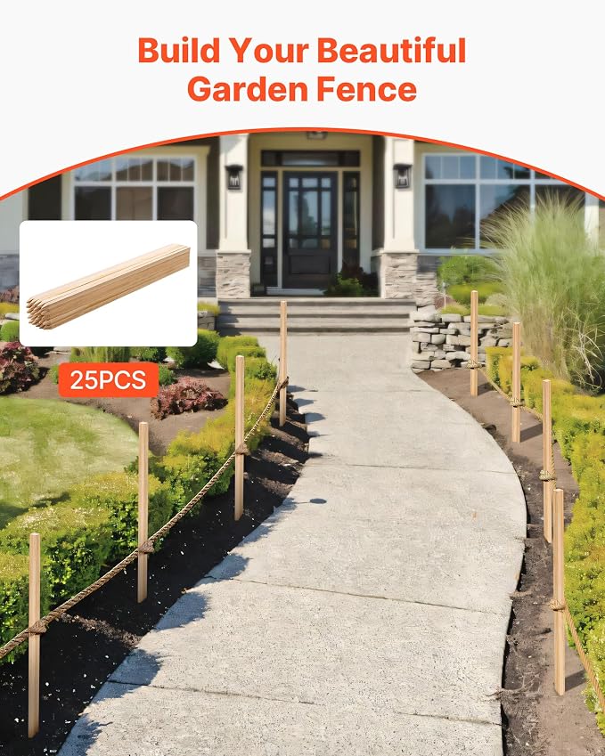 VEVOR Wooden Garden Stakes, 25 Pcs 36x0.75x0.75 in Survey Grading Stakes, Garden Ground Stake with Sharp Point, Fir Wood Plant Support Stake, Sign Posts for Silt Fence Backyard Boundaries Baselines