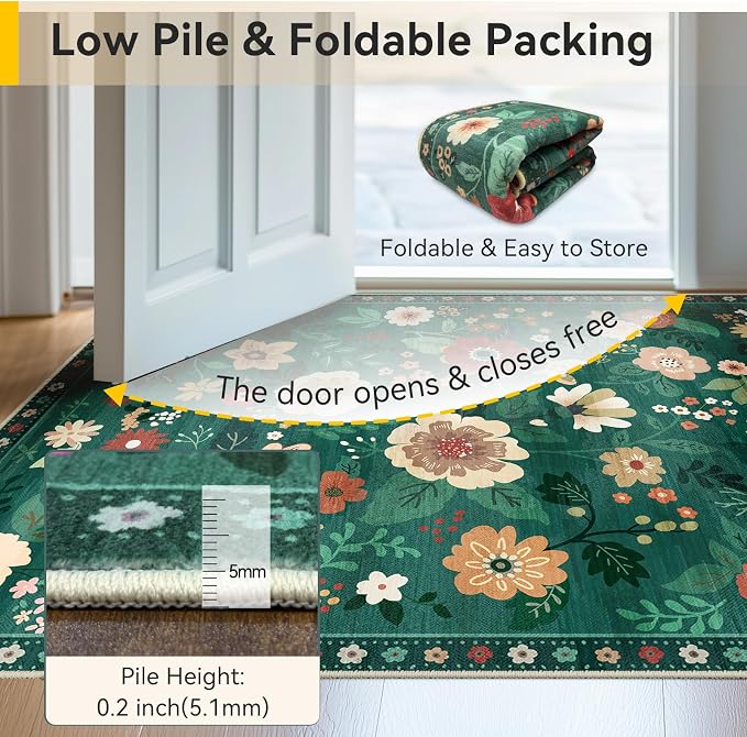 RELEANY Floral Washable 3x5 Area Rugs DarkGreen | Flower Carpet, Print, Boho, Non-Slip, Easy to Clean, Soft, Low Pile for Living Room Bedroom Kitchen Office Entryway Hallway