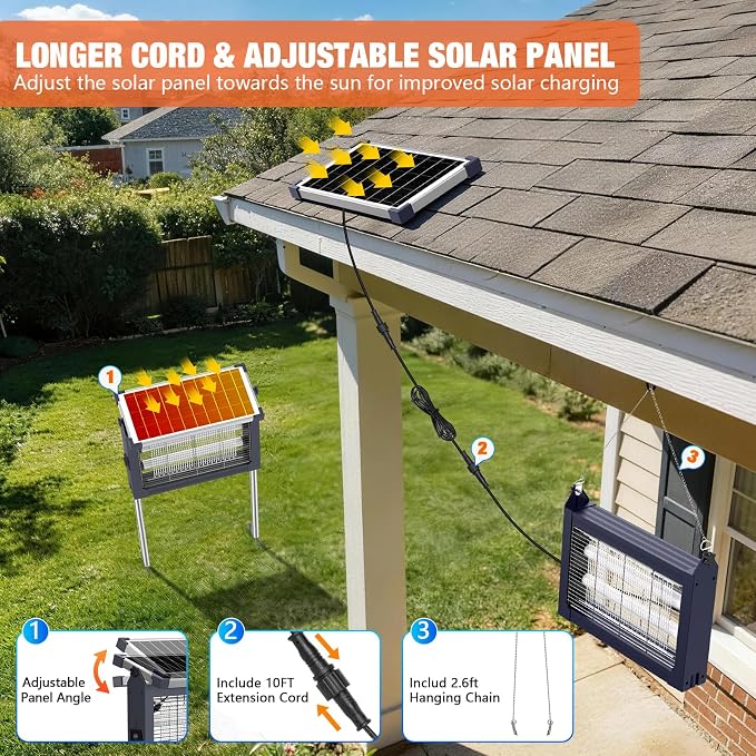 Solar Bug Zapper Outdoor Waterproof, 4500V Rechargeable Mosquito Zapper with Solar Panel Sensor, Auto ON/Off, 10ft Extension Cord & Solar Powered Bug Zapper, Cordless Insect Zap for Patio Yard Garden