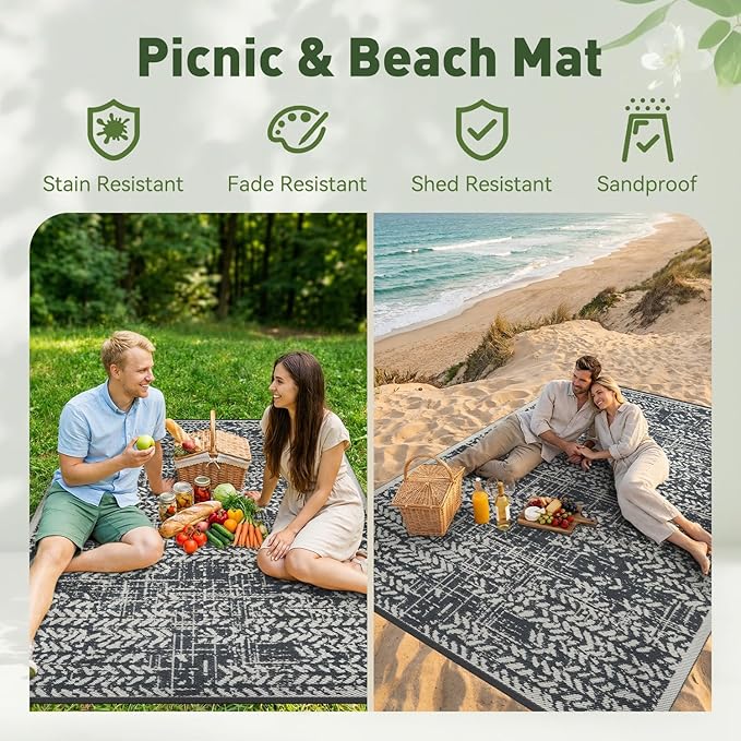 MontVoo Outdoor Rug Waterproof-Patio Rug Mat 6x9 Outdoor RV Camping Picnic Beach Mat Plastic Straw Rugs Outside Outdoor Area Rugs for Balcony Deck Backyard Grey