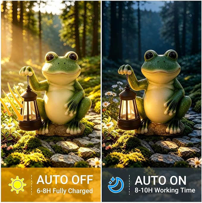 Solar Frog Garden Statue with LED Lantern, Waterproof Resin Figurine | for Yard, Pond, Pathway, Patio & Flower Bed, Cute Outdoor Decor, Unique Birthday & Housewarming Gift for Women, Mom & Grandma