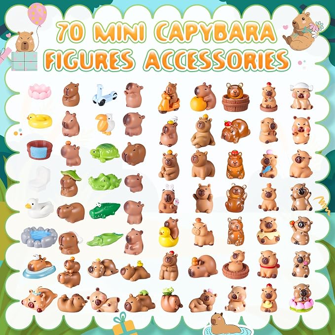 Nosiny 70 Pcs Mini Capybara Figures Bulk Cute Capybara Party Favors Small Resin Miniature Animal Stuff for Cake Topper DIY Dollhouse Accessory Dashboard Fairy Garden Moss Landscape Birthday Decor Gift