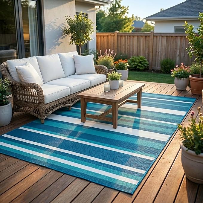 Outdoor Rug Camping Essentials - 4x6 FT Outdoor Plastic Straw Rug for Patio Clearance, Waterproof RV Essentials Outside Area Rug for Deck Garden, Backyard Patio Furniture Set, Blue White