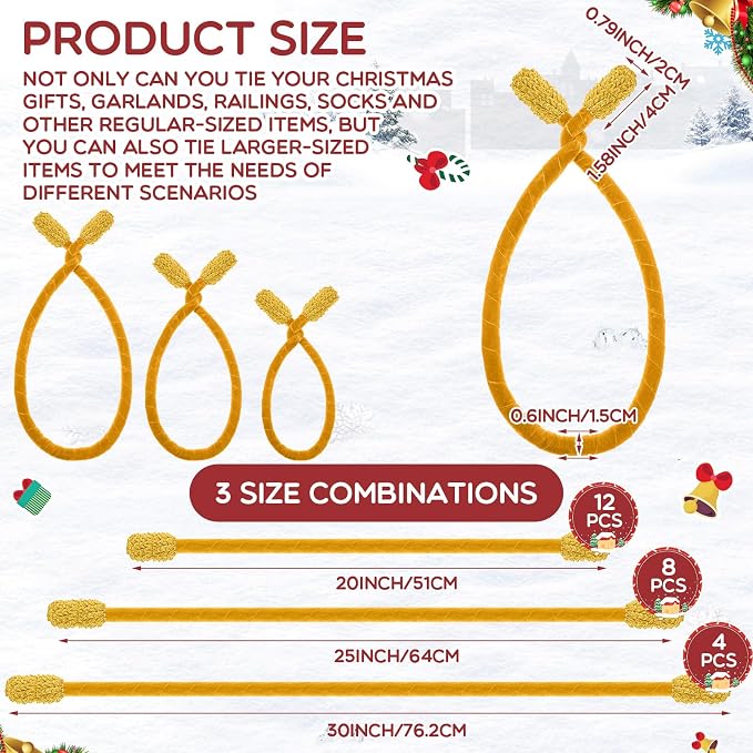 Zhengmy 24 Pcs 20'' 25'' 30'' Christmas Velvet Garland Ties Christmas Decorative Twist Ties for Banister Reusable and Flexible Wreath Twist for Xmas Home Decorations Holiday Craft Wrapping(Gold)