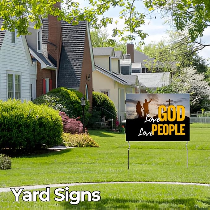Love God. Love People. Yard Sign by DC | 24"x18" Double Sided Church Garden Sign with 13” Metal Stakes | Outdoor Signs Waterproof for Lawn, Patio, Sidewalk & House | Set of 4 | Made in USA