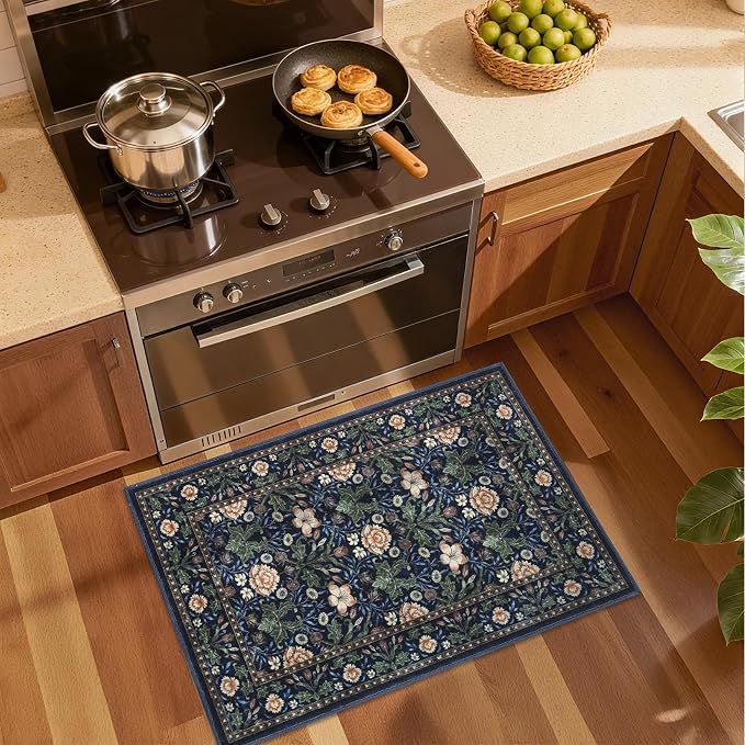 GarveeHome Small Navy Entryway Rug, 2x3 Washable Front Door Rug Indoor Entrance Floral Carpet Non-Slip Low Pile Throw Rugs for Kitchen Floor, Powder Room, Entry, Bathroom, Kids Room