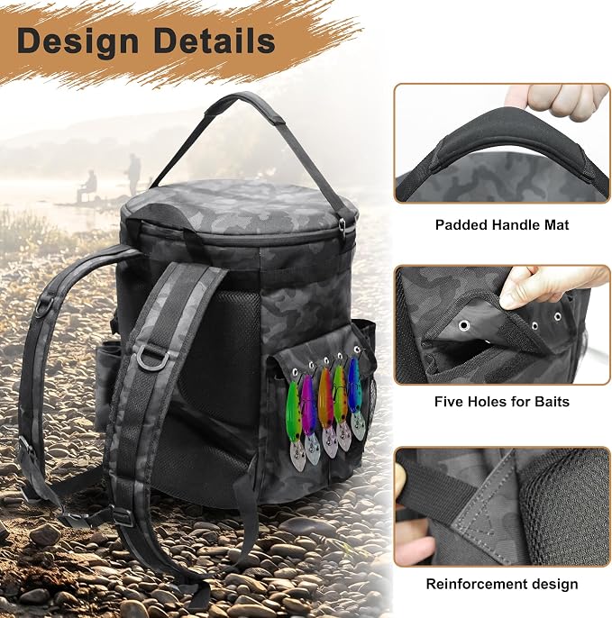 MDSTOP Fishing Bucket Backpack for 5 Gallon Bucket with Seat, Fishing Tackle Bag with Adjustable Buckle, Rod & Plier Holder and Multi-Pockets for Storage
